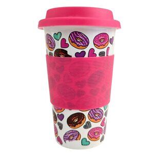 Galerie Donut Hearts Travel Mug Ceramic 14oz Coffee Cup Lid and Grip
